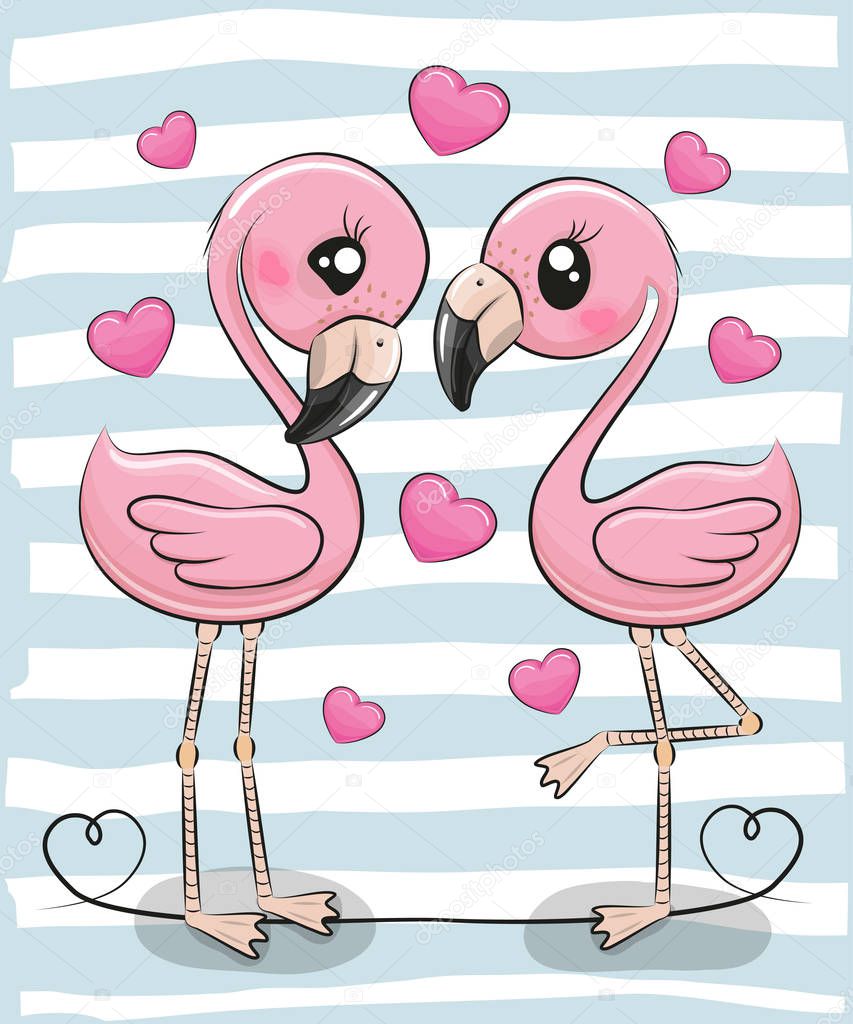 Two Cute Cartoon Flamingos on a blue background