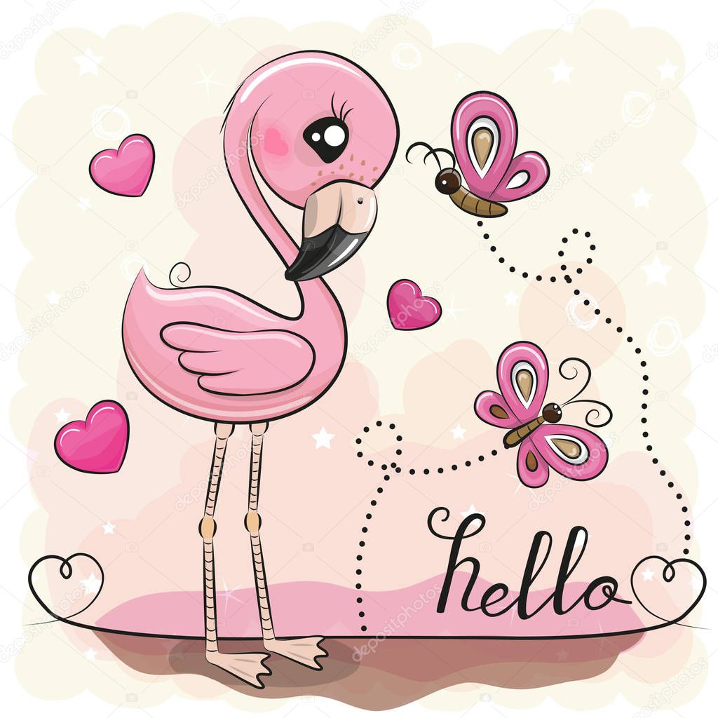 Cute Cartoon Flamingo with hearts and butterflies