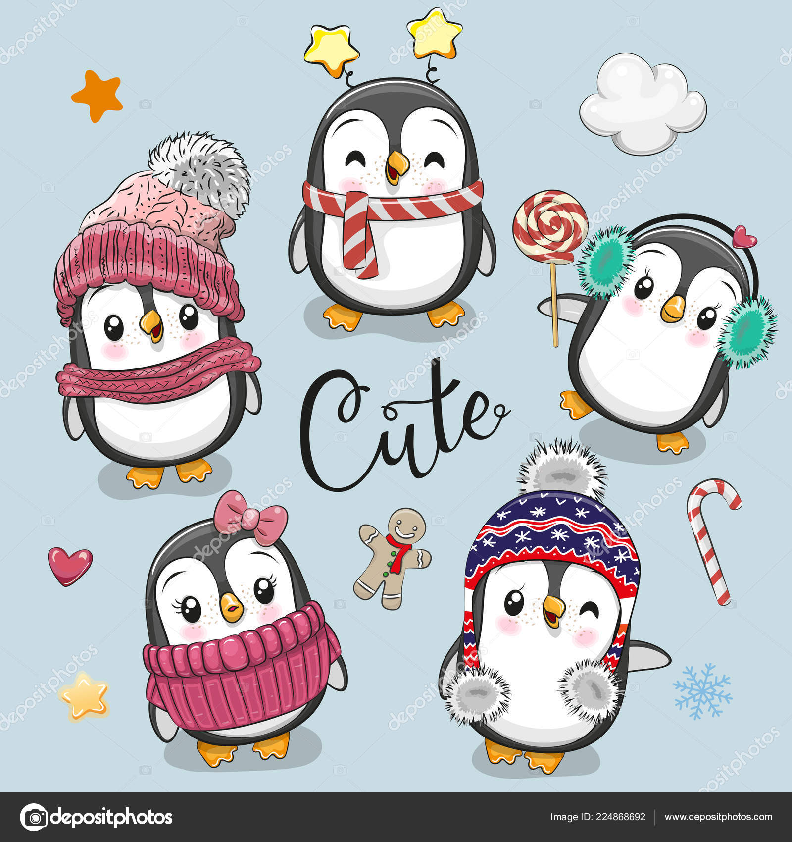 Download Set Cute Cartoon Christmas Penguins Blue Background ...