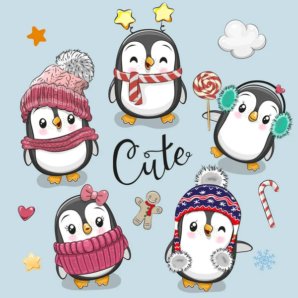 Conjunto Dibujos Animados Lindos Pingüinos Navidad Sobre Fondo Azul — Vector de stock