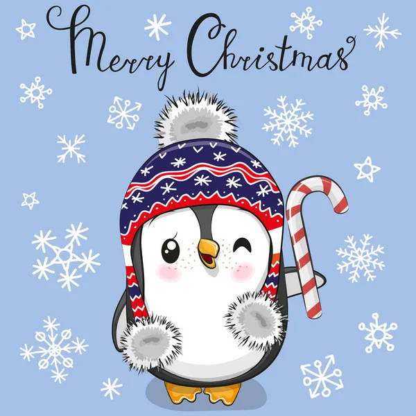 Saludo Tarjeta Navidad Cute Cartoon Penguin Sombrero Sobre Fondo Azul — Vector de stock