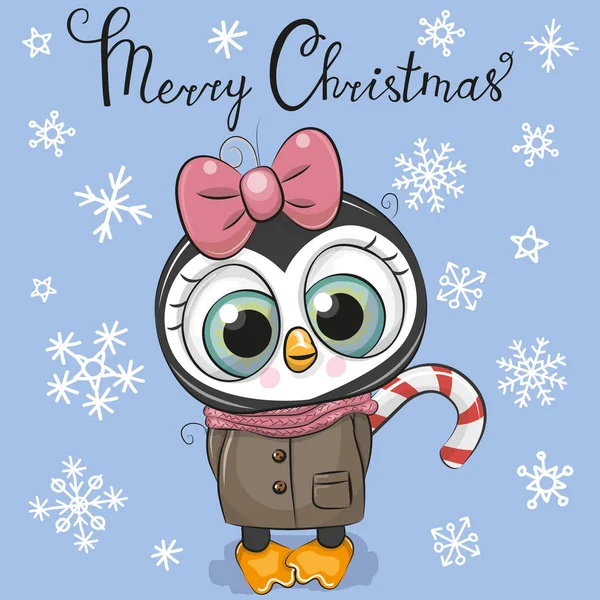 Saludo Tarjeta Navidad Linda Chica Pingüino Dibujos Animados Sobre Fondo — Vector de stock