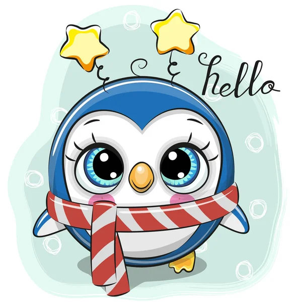 Cartão Natal Bonito Pinguim Dos Desenhos Animados Cachecol Fundo Azul —  Vetores de Stock