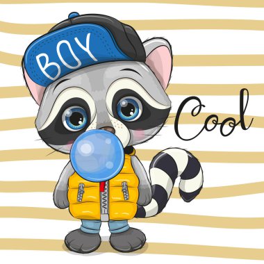 Sevimli çizgi film rakun mavi ciklet ile şapkalı