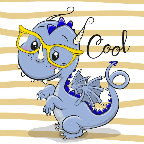 Cute Cartoon Blue Dragon Yellow Eyeglass - Stok Vektor