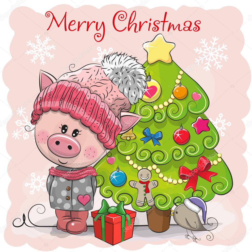 Greeting card Cute Cartoon Pig in a hat and scarf