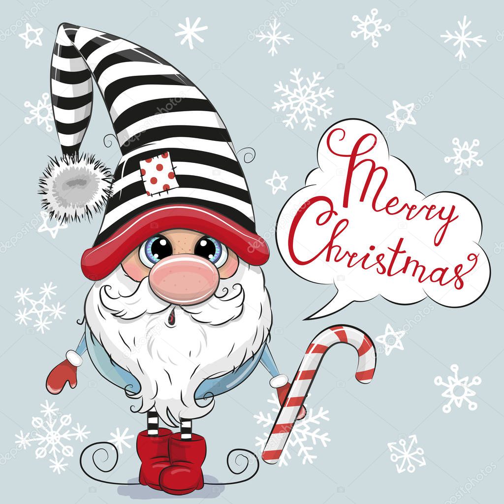 Saludo tarjeta de Navidad lindo gnomo de dibujos animados sobre un