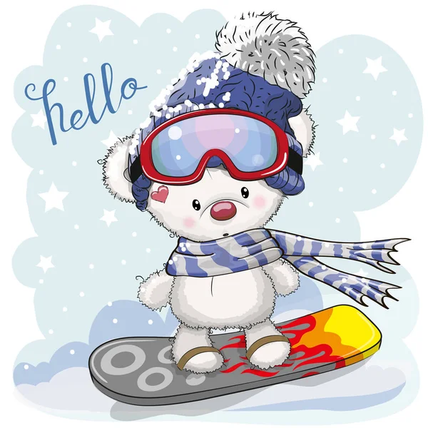 Urso de desenho animado bonito em um snowboard — Vetor de Stock