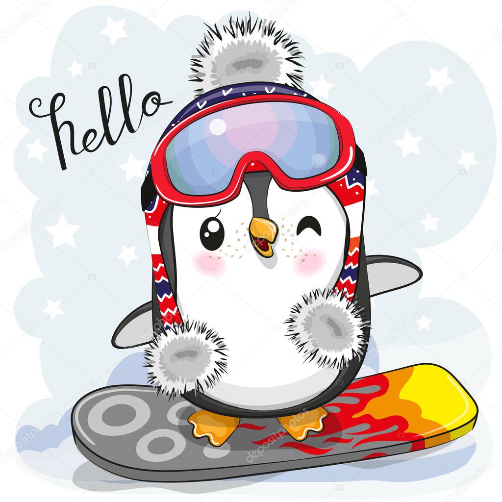 Cute cartoon Penguin on a snowboard