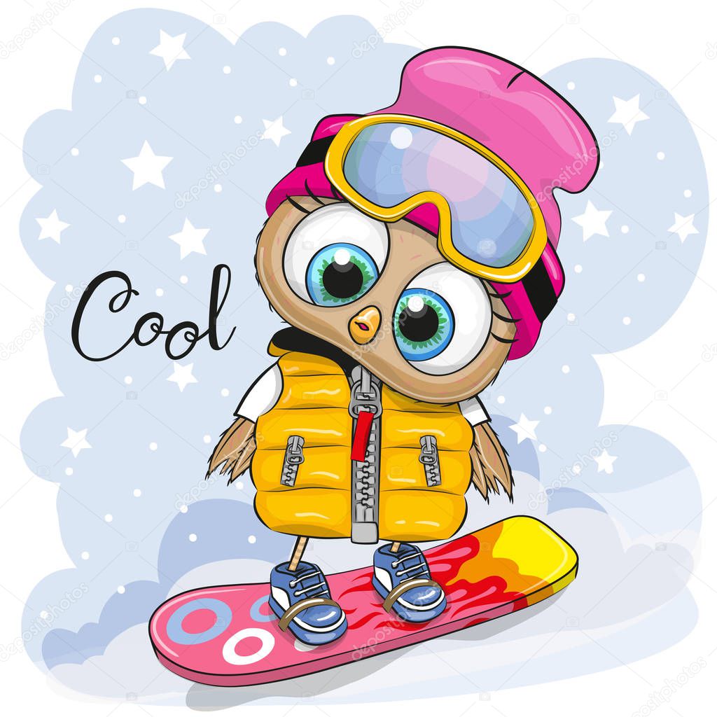 Cute cartoon Owl on a snowboard