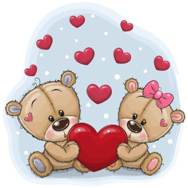 Şirin oyuncak ayılar mavi bir arka plan üzerinde kalp ile