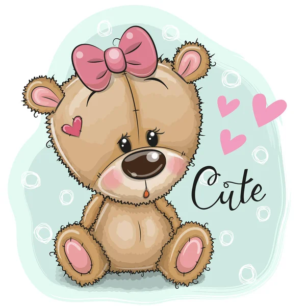 Wenskaart Cute Teddy Bear Meisje Een Blauwe Achtergrond — Stockvector