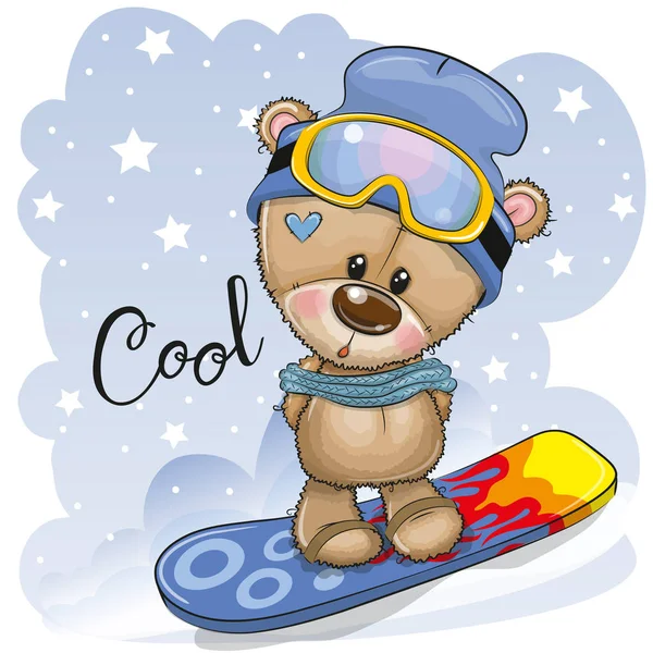 青色の背景にスノーボードのかわいい漫画テディベア — ストックベクタ