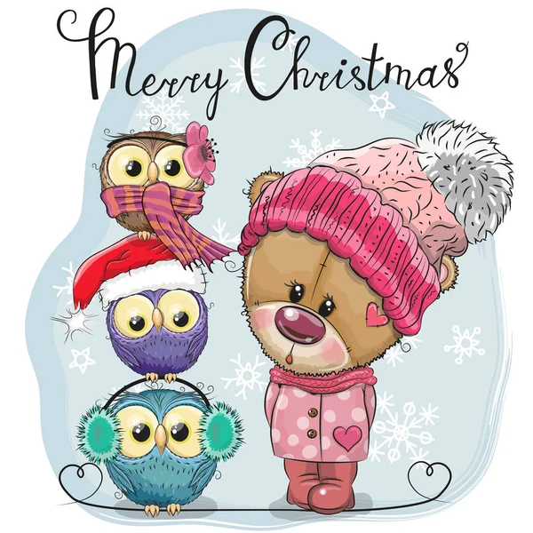 Groet Kerstkaart Cute Cartoon Teddy Bear Drie Uilen — Stockvector