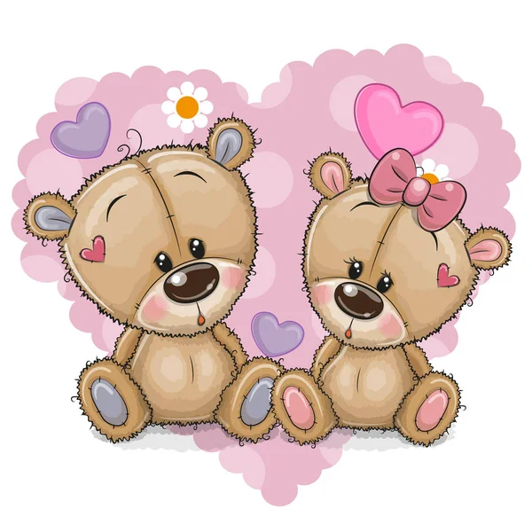 Two Cute Cartoon Bears Background Heart — Stock Vector