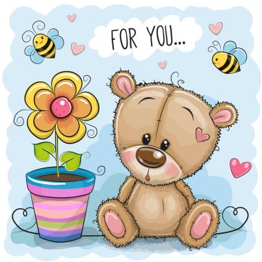 Tebrik kartı ayı ile mavi bir arka plan üzerinde çiçek