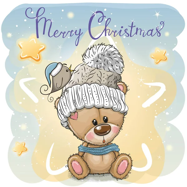 Tarjeta Felicitación Navidad Con Lindo Oso Peluche Dibujos Animados — Vector de stock