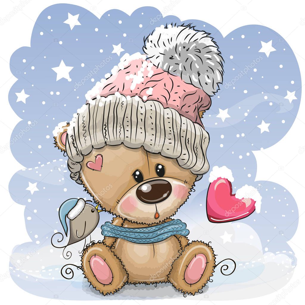 Cute Cartoon Teddy bear in a knitted cap sits on a snow