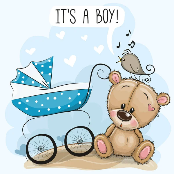 Groet Kaart Boy Met Kinderwagen Teddy Bear — Stockvector