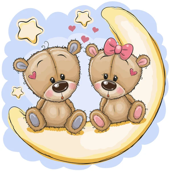 两只可爱的卡通熊坐在月球上 — 图库矢量图片
