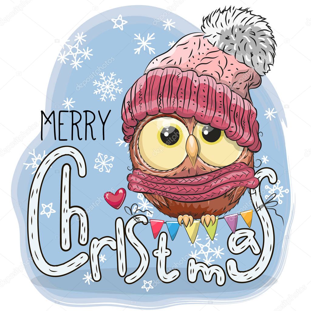 Greeting Christmas card with cartoon Owl on a blue background