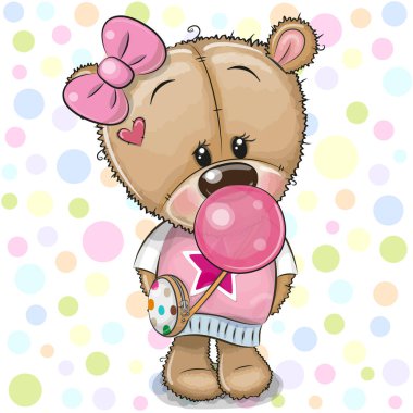 Pembe fiyonk ciklet ile sevimli çizgi film oyuncak ayı kız