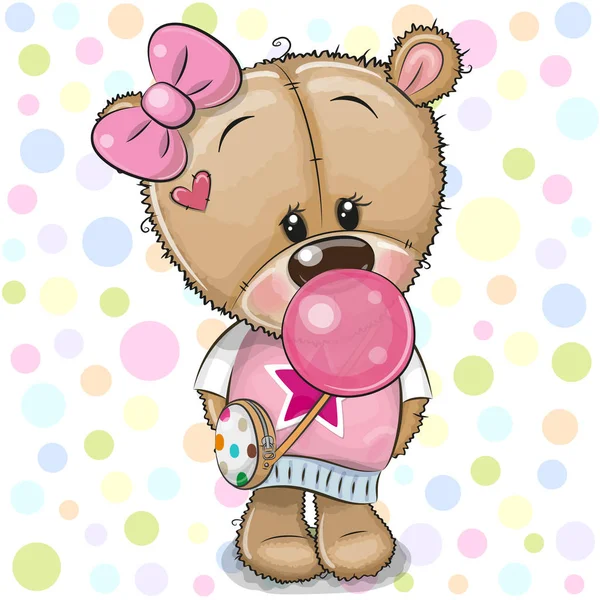 Carino Cartoon Teddy Bear Ragazza Fiocco Rosa Con Gomma Masticare — Vettoriale Stock