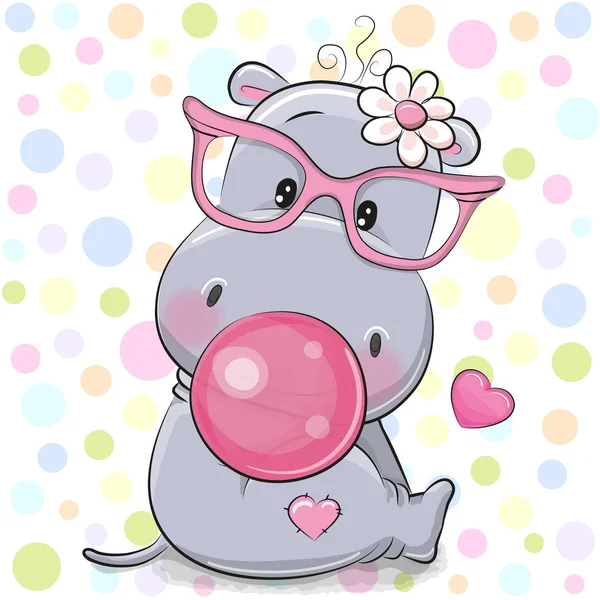 可爱的卡通河马在粉红色的眼镜与泡泡糖 — 图库矢量图片