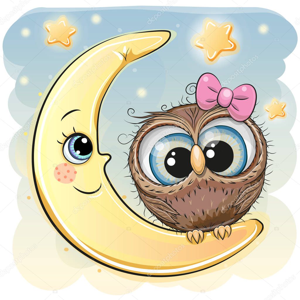 Cute Cartoon Owl girl is sitting on the moon