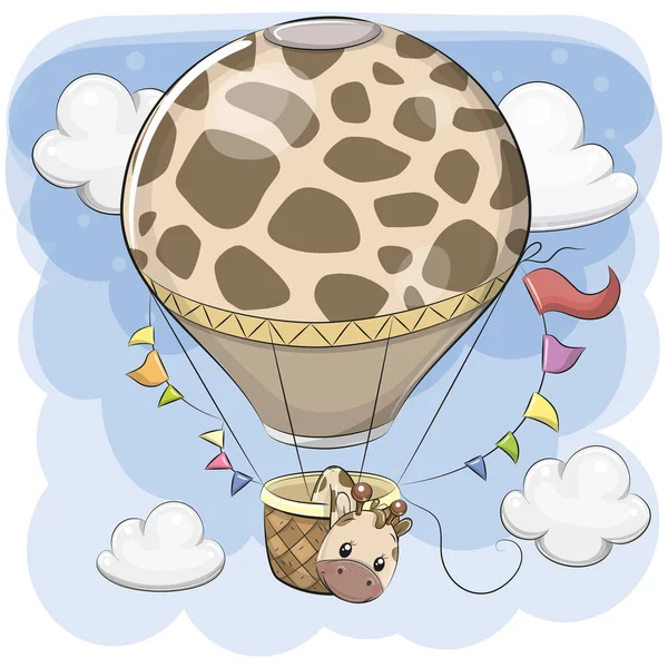 Sevimli Çizgi Film Zürafayı Bir Sıcak Hava Balonu Uçuruyor — Stok Vektör