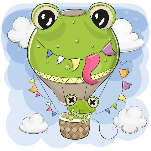 Cute Cartoon Frog Flying Hot Air Balloon — Stock Vector