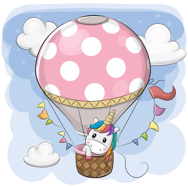 Cute Cartoon Unicorn Flying Hot Air Balloon — Stock Vector