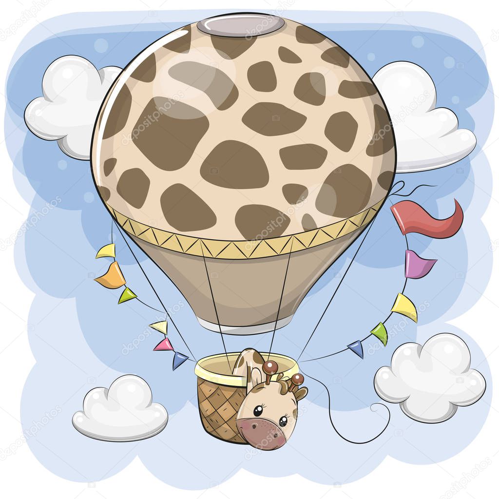 Cute Cartoon Giraffe is flying on a hot air balloon