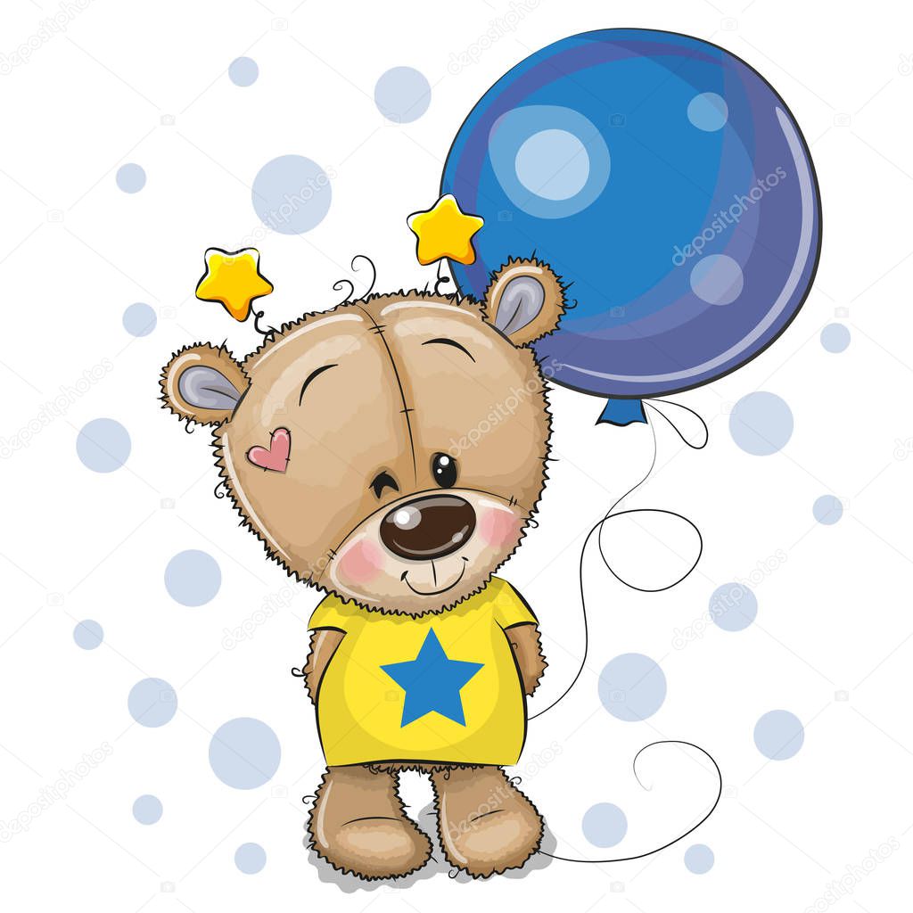 Greeting card Cute Cartoon Teddy Bear with blue balloon