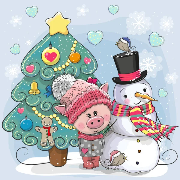 可爱的卡通猪在针织帽子和雪人 — 图库矢量图片