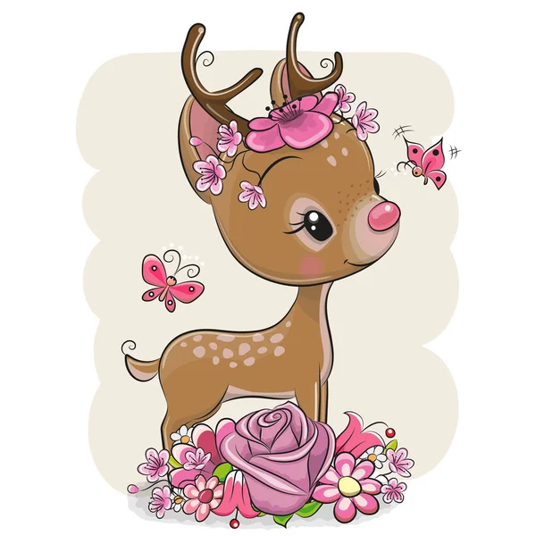 Mignon Dessin Animé Cerf Avec Des Fleurs Des Papillons Sur — Image vectorielle