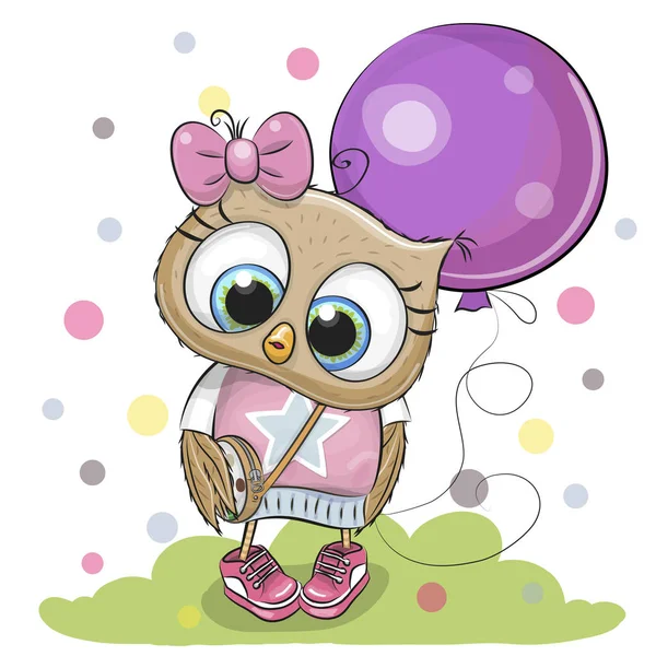 Wenskaart Cute Cartoon Uil Met Paarse Ballon — Stockvector