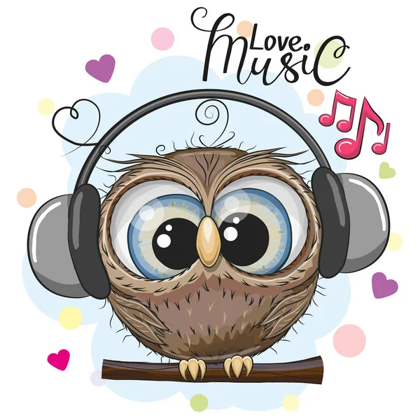 Cute Cartoon Owl Headphones White Background — Stock Vector