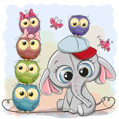 Sevimli çizgi film fil ve mavi bir arka plan üzerinde baykuş