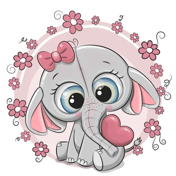 Greeting Card Cute Cartoon Elephant Girl Heart Flowers — Stock Vector
