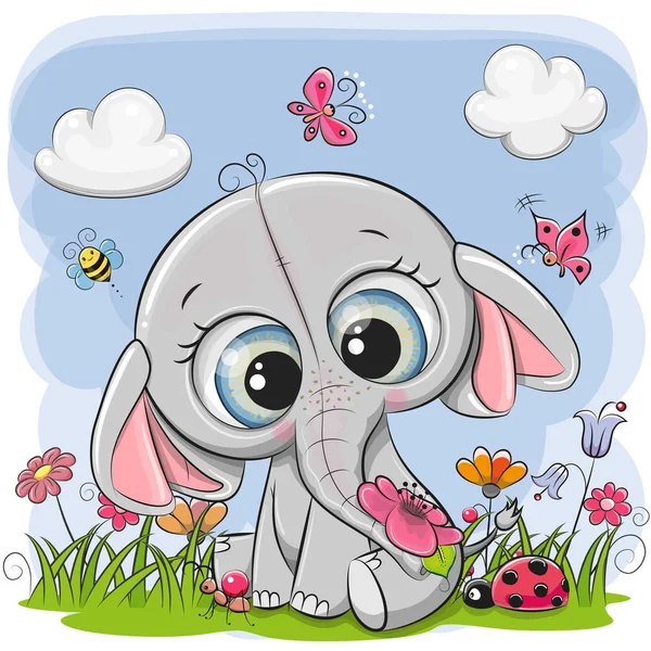 Lindo Elefante Dibujos Animados Prado Con Flores Mariposas — Vector de stock