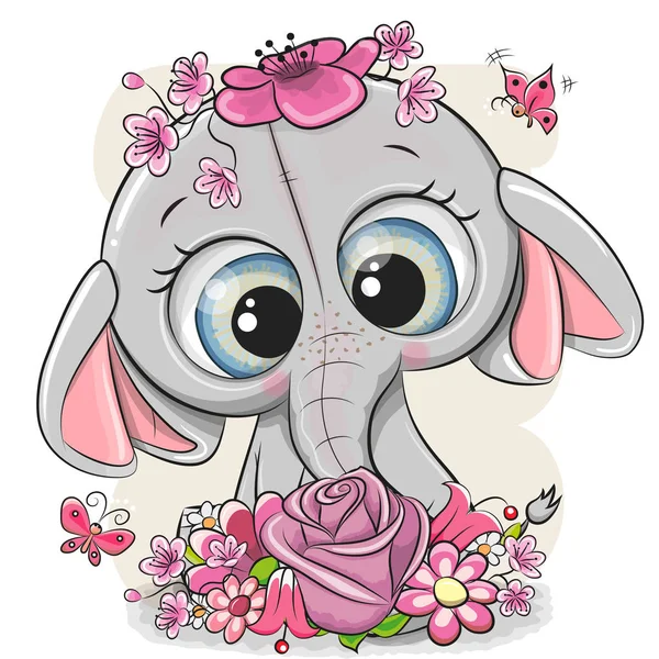 Lindo Elefante Dibujos Animados Con Flores Sobre Fondo Blanco — Vector de stock