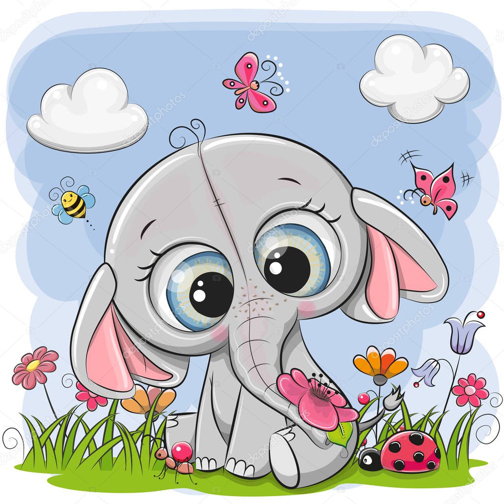 Cute Cartoon Elephant on a meadow with flowers and butterflies