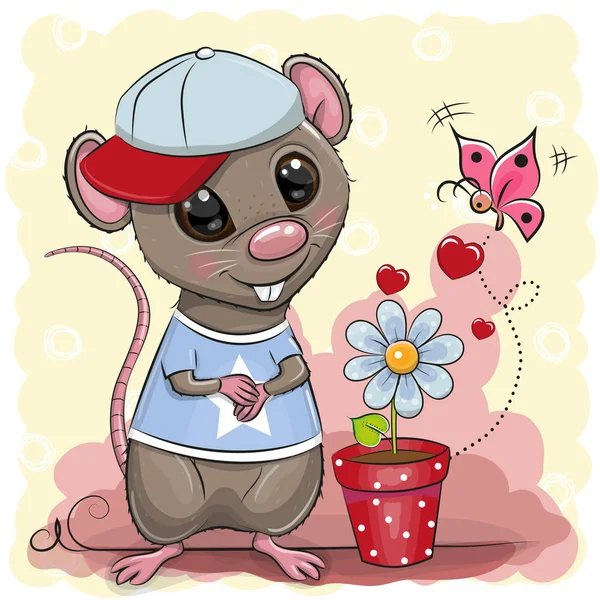 Tarjeta Felicitación Lindo Niño Rata Dibujos Animados Con Flor — Vector de stock