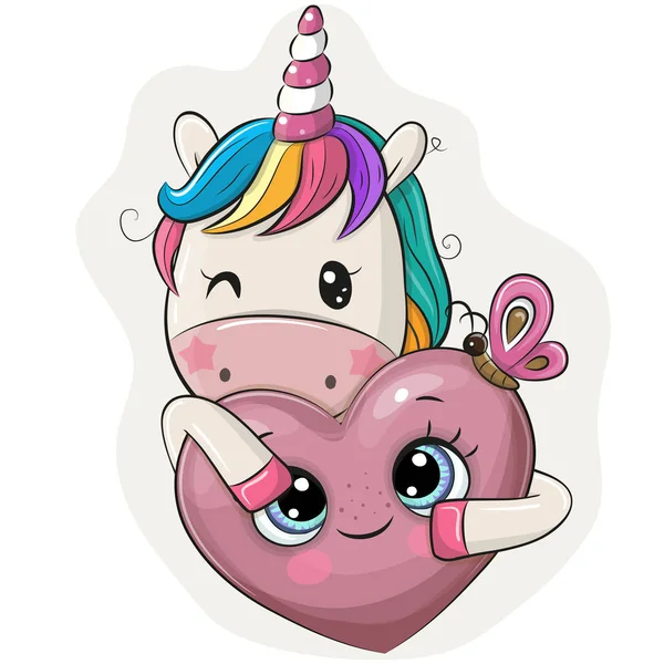 Mignon Dessin Animé Licorne Avec Coeur Sur Fond Blanc — Image vectorielle