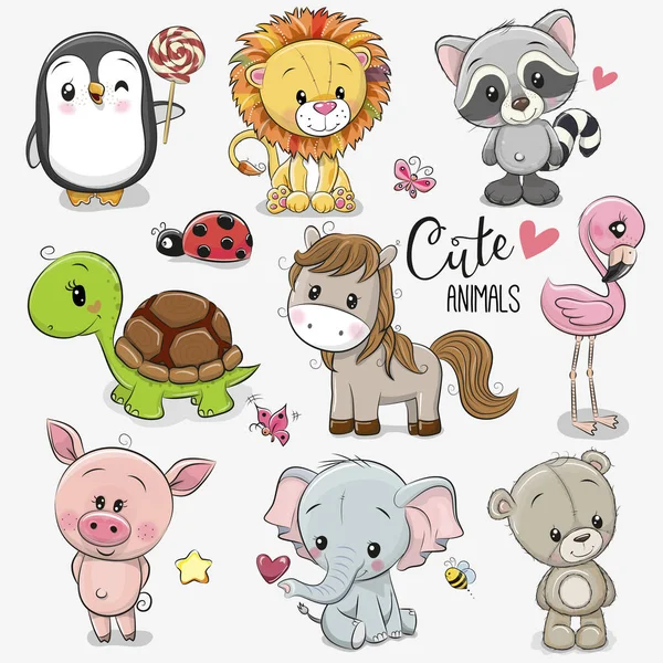 Set Cute Cartoon Animals White Background — Stock Vector