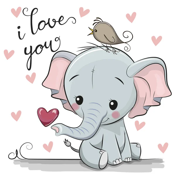 Cute Cartoon Elephant Heart White Background — Stock Vector