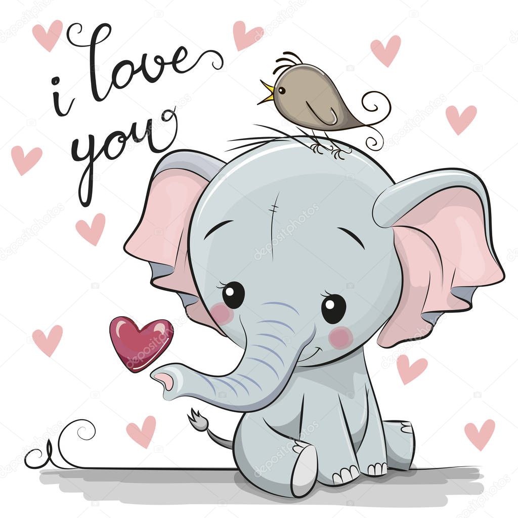 Cute Cartoon Elephant with Heart on a white background