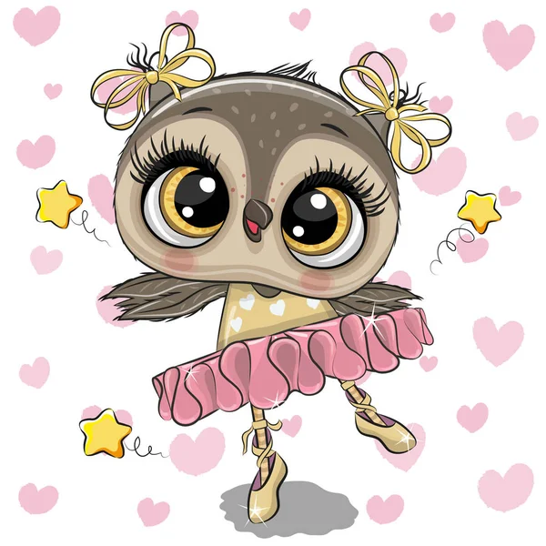 Cartoon Owl Ballerina på hjärtan bakgrund — Stock vektor