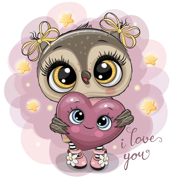 Mignon Dessin Animé Hibou Fille Avec Coeur Sur Étoiles Fond — Image vectorielle